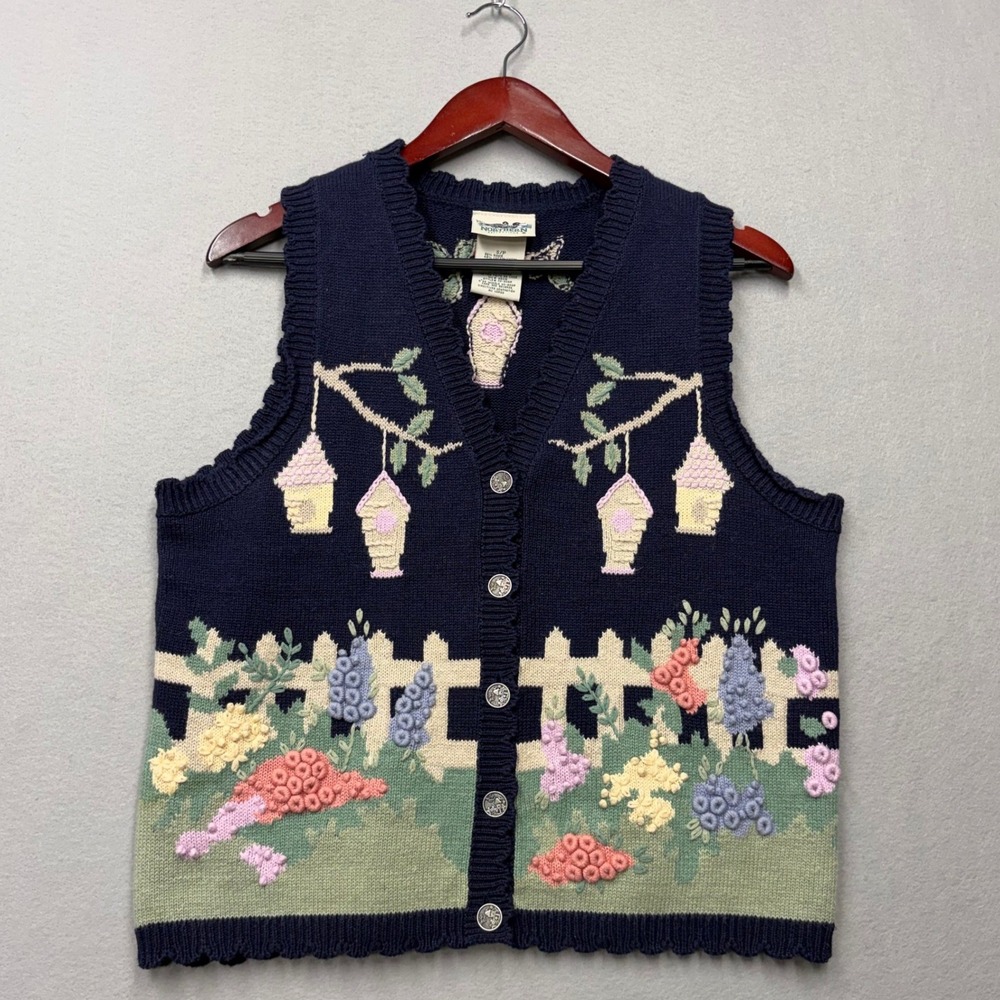 Northern Reflections Sweater Vest Womens S Blue Birdhouse Garden Vintage 90s